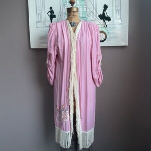 Vintage Lacy Afternoon By Shell Kepler Pink Fringed Duster, Medium